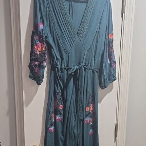 Teal Long Sleeve Jumpsuit with Floral Embroidery